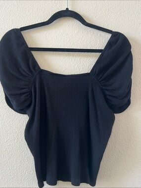 Anthropologie Black Puff-Sleeve Ribbed Square-Neck Crop Top